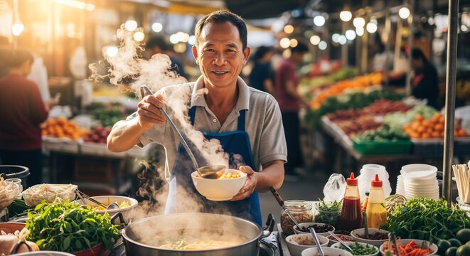 Smiling Asian street food vendor serving hot steaming soup at a busy c