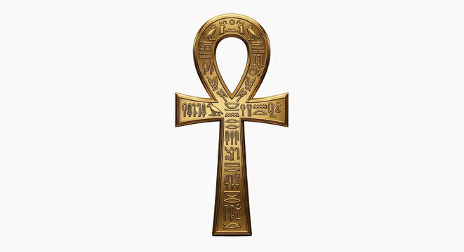 Ancient egyptian golden ankh symbol with intricate hieroglyphic carvings isolated on white