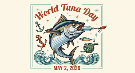 Fototapeta premium Vintage retro World Tuna Day vector illustration with tuna fish, anchors, and waves isolated on background