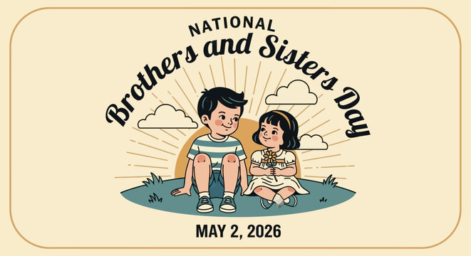 Vintage retro brothers and sisters day badge with children sitting on crescent moon isolated on background