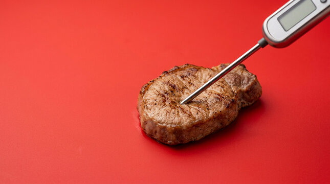 Food thermometer probe in cooked meat on red surface food safety temperature hygiene summer concept.