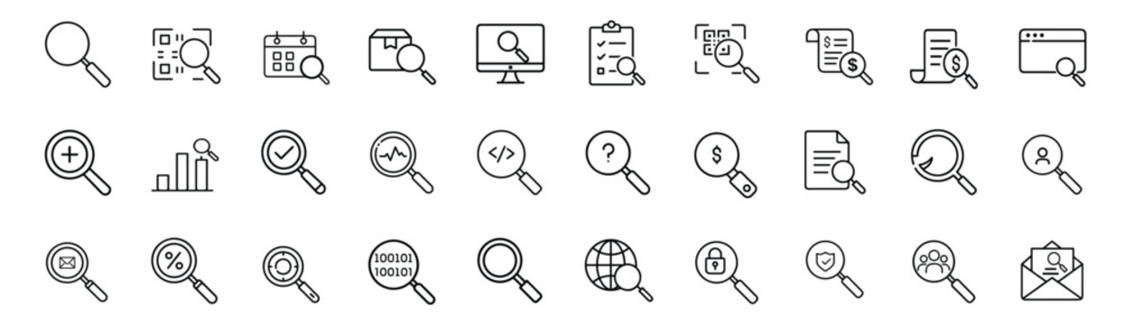 Search and analysis web line icons set featuring global network QR code scan money find desktop monitor email message security shield target research and more Vector Illustration with editable stroke
