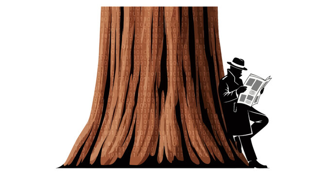 Detective Silhouette reading newspaper leaning against ancient tree trunk with digital binary code