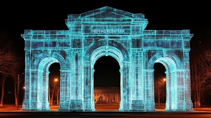 Naklejka premium Stunning Nighttime Cityscape Featuring a Brightly Illuminated Arched Monument with Digital Art Style