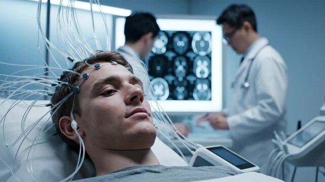 young caucasian man undergoing brain analysis with electrodes attached to head. asian doctors examining computed tomography scans on monitor. neuroscience research and neurology experiment.