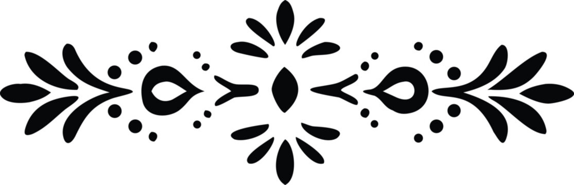 Stylized black botanical divider with abstract central element for modern graphic layouts