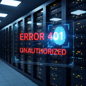 Unauthorized access blocked by security system in server room showing error 401 message