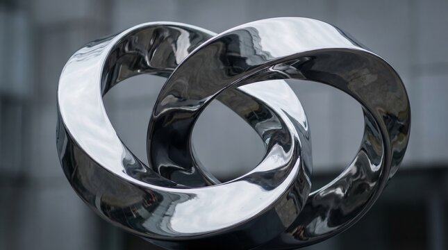 Abstract polished metal sculpture of interlocked rings representing unity and connection