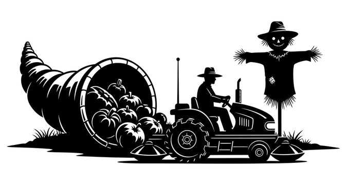 Farmer driving tractor with cornucopia of pumpkins during harvest season silhouette