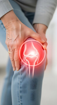 Senior person holding painful knee with red inflammation highlight and joint anatomy illustration, knee pain, arthritis, and orthopedic healthcare concept