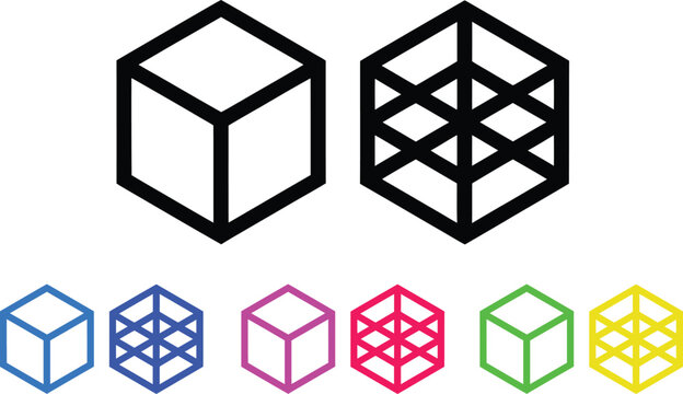 Comparison of solid and wireframe cubes with different color outlines