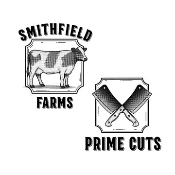 Smithfield Farms Prime Cuts Logo Design with Cow and Butcher Knives