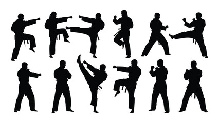 Silhouettes of martial artists demonstrating various karate poses and techniques against a white background high quality © Bipul