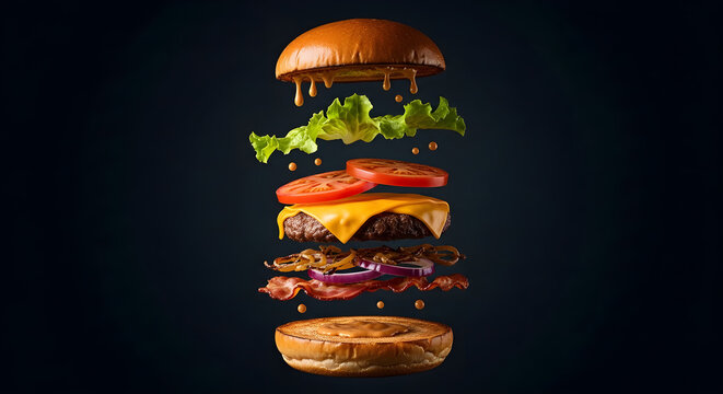 A delicious mouth-watering burger with all its fresh ingredients artistically suspended in mid-air against a dark background, highlighting each component of the meal
