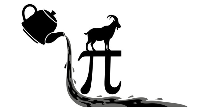 Goat silhouette atop pi symbol with liquid pouring from teapot against white background