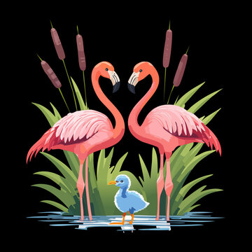 Elegant flamingo pair with a baby chick in a tropical wetland for bird conservation education and children nature storybook illustrations and art prints