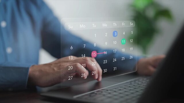 Business professional planning schedule on digital calendar interface using laptop. Organization, appointment booking, and time management concept for efficient corporate workflow and project tasks.