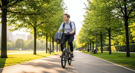 Fototapeta premium Young man riding a bicycle along a tree-lined park pathway during daytime.