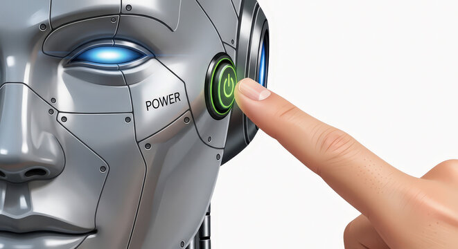 Human finger activating futuristic robot power button with glowing blue eyes and metallic texture