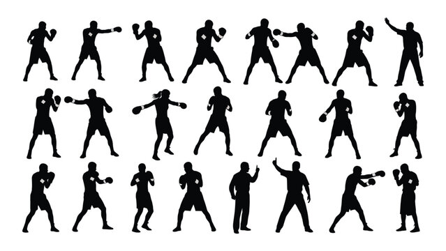 Silhouettes of boxers in various fighting poses presented in a repeating grid pattern on a white background