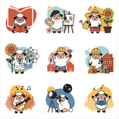 Fototapeta premium Set of nine adorable sheep characters engaged in various hobbies and professions including reading art gardening and science in a vector style