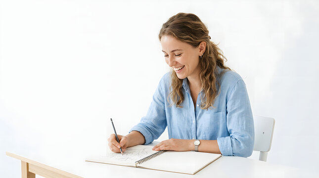 A young woman happily writing in a notebook at a table, with a pencil in her hand