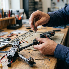 Fototapeta premium Close-up of technician's hands repairing a modern quadcopter using a precision screwdriver, careful maintenance and installation of high-tech equipment at the workplace.