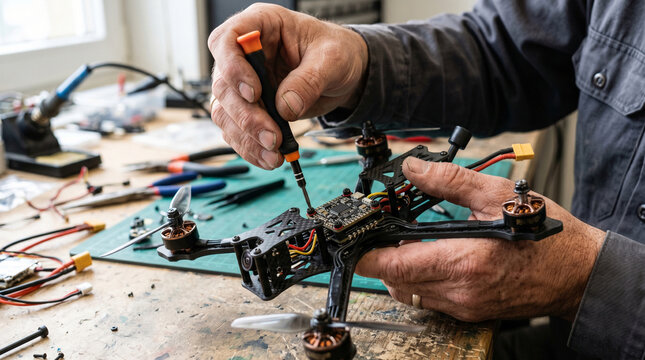 Close-up of technician's hands repairing a modern quadcopter using a precision screwdriver, careful maintenance and installation of high-tech equipment at the workplace.