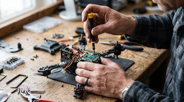 Close-up of technician's hands repairing a modern quadcopter using a precision screwdriver, careful maintenance and installation of high-tech equipment at the workplace.