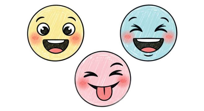 Colorful smiling faces, emoticon set, happy emojis, cute expressions