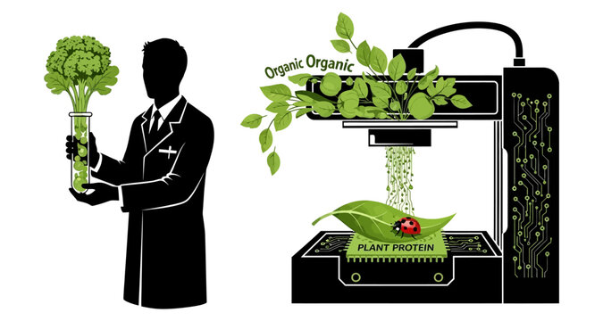 Scientist holding plant in test tube with 3D printer producing organic protein against white background silhouette