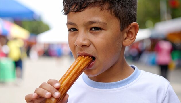 Young boy enjoying a churro at an outdoor event.