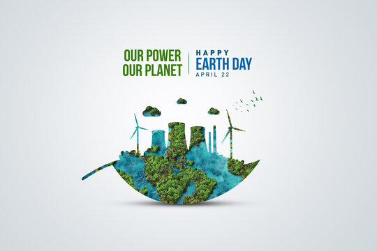 Our power, our planet. Earth day 2026 concept background. Ecology concept. Design with globe map drawing and leaves isolated on white background.