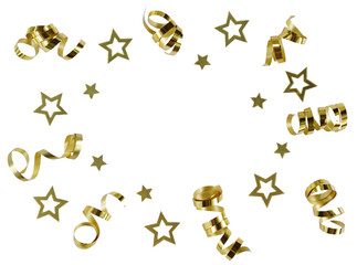 Obraz premium Gold confetti streamers and stars frame isolated png cutout object on transparent background. Holiday, New Year, Christmas , birthday, day design elements