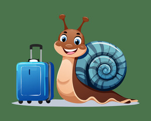 Happy cartoon snail character traveling with a blue suitcase and smiling shell for vacation themes holiday concepts and fun travel agency advertisements © firstcolor