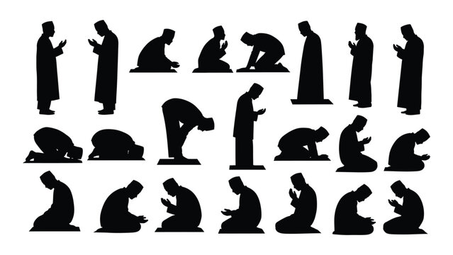 A collection of black silhouette figures depicting various stages of islamic prayer and devotion high quality