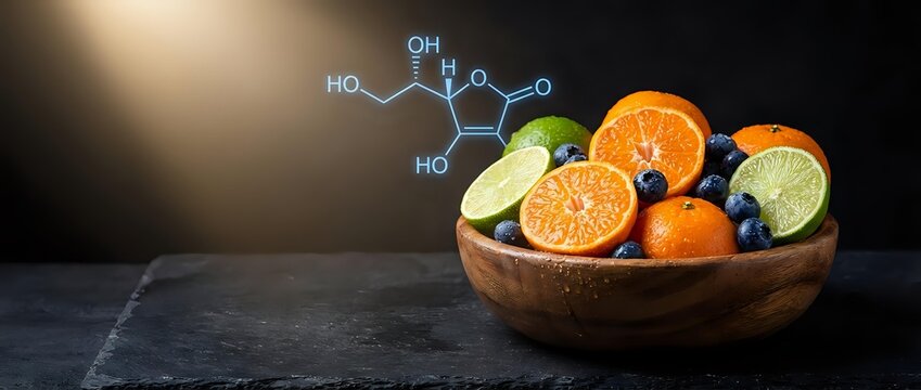 Fresh citrus fruits in wooden bowl with vitamin C molecular structure formula for healthy nutrition and dietary supplement concepts.