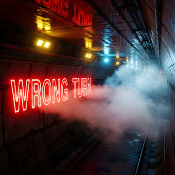 A dark and ominous tunnel with a wrong turn sign emitting smoke and neon lights