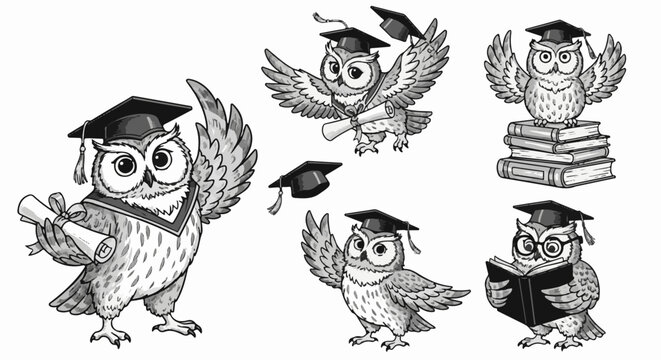 Whimsical owls dressed in graduation caps and academic regalia holding diplomas