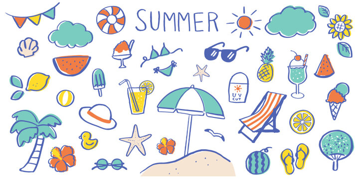 夏をテーマにしたイラストセット。ヤシの木や飲み物、ビーチアイテムを収録。夏のキャンペーンデザインに使えるベクター素材。白背景。