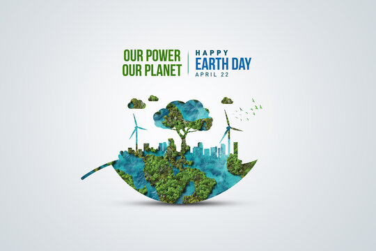 Our power, our planet. Earth day 2026 concept background. Ecology concept. Design with globe map drawing and leaves isolated on white background.
