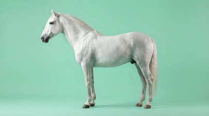 Fototapeta premium White horse standing in profile on mint green background isolated for equestrian design projects and animal themed graphics.