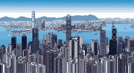 Obraz premium Pixelated cityscape with skyscrapers, bay, and distant mountains under a blue sky