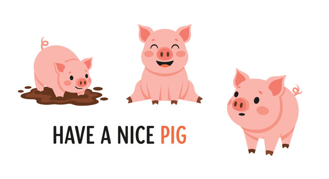 Charming set of cute pink pigs in various playful poses, including a piglet in a mud puddle and one smiling happily.