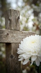 Fototapeta premium White chrysanthemum flower blooming beside weathered wooden fence post in peaceful garden setting with soft natural bokeh background for memorial concepts.