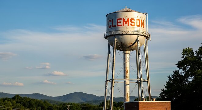 Clemson Water Tower Against a Blue Sky with Distant Mountains.