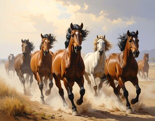 Obraz premium A stunning painting depicts a herd of wild horses running freely across an open, dusty landscape under a warm sky