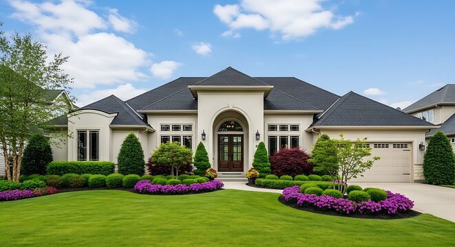 Sprawling luxury residence showcasing incredible curb appeal with manicured hedges and colorful flower beds in a high-end neighborhood setting.