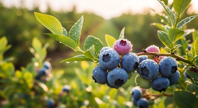 Organic blueberries in various ripening stages grow on a green bush within a scenic agricultural landscape at bright sunrise.