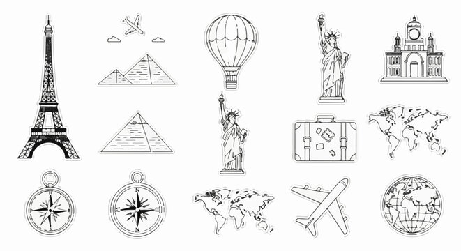 Collection of travel icons Eiffel Tower, pyramids, hot air balloon, Statue of Liberty, suitcase, globes
